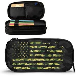 Black Camouflage American Flag Pencil Case Organizer with Multiple Compartments